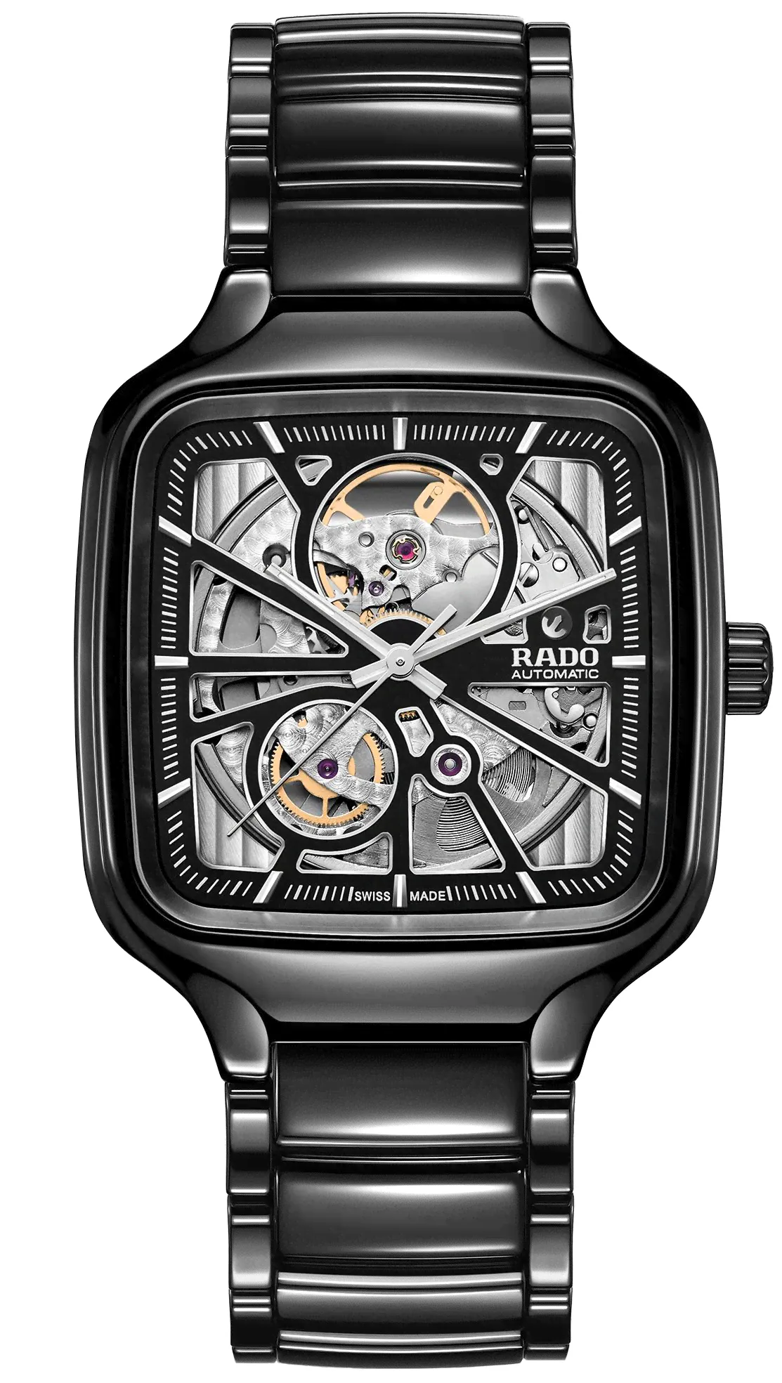 Швейцарские механические часы с автопозаводом Rado True Square R27086152 на керамическом браслете, с водозащитой 5 бар и международной гарантией от производителя